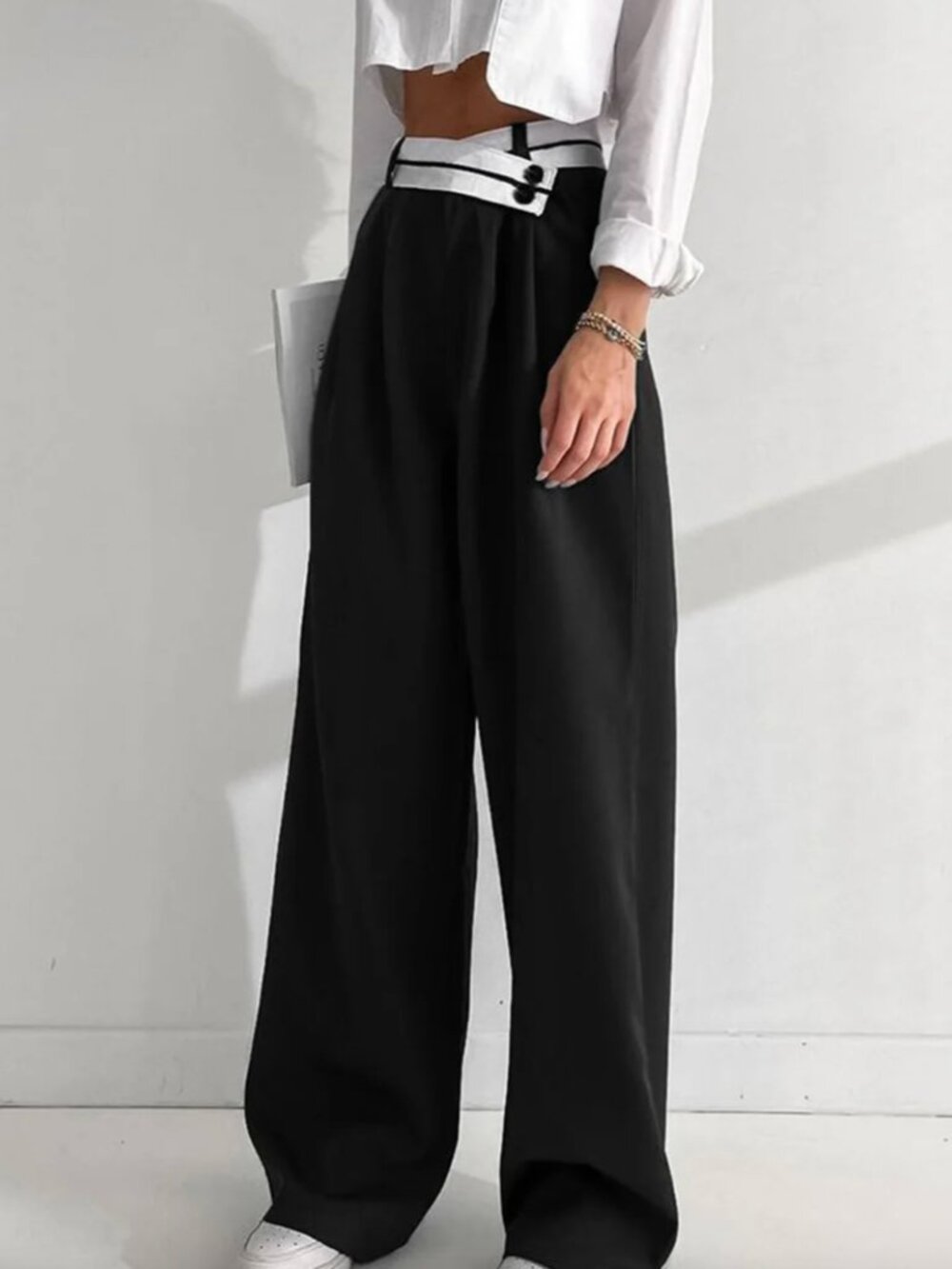 Asymmetrical Contrast Waistband Wide Leg Dress Pants